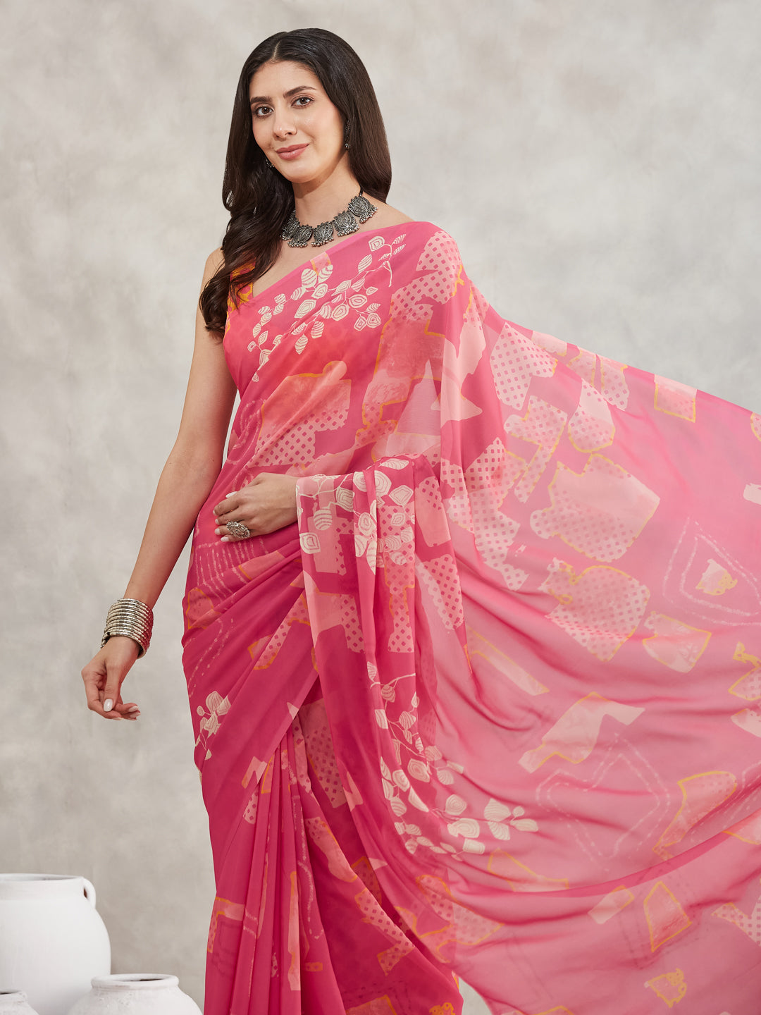 Janasya Pink Georgette Geometric Printed Saree - Distacart