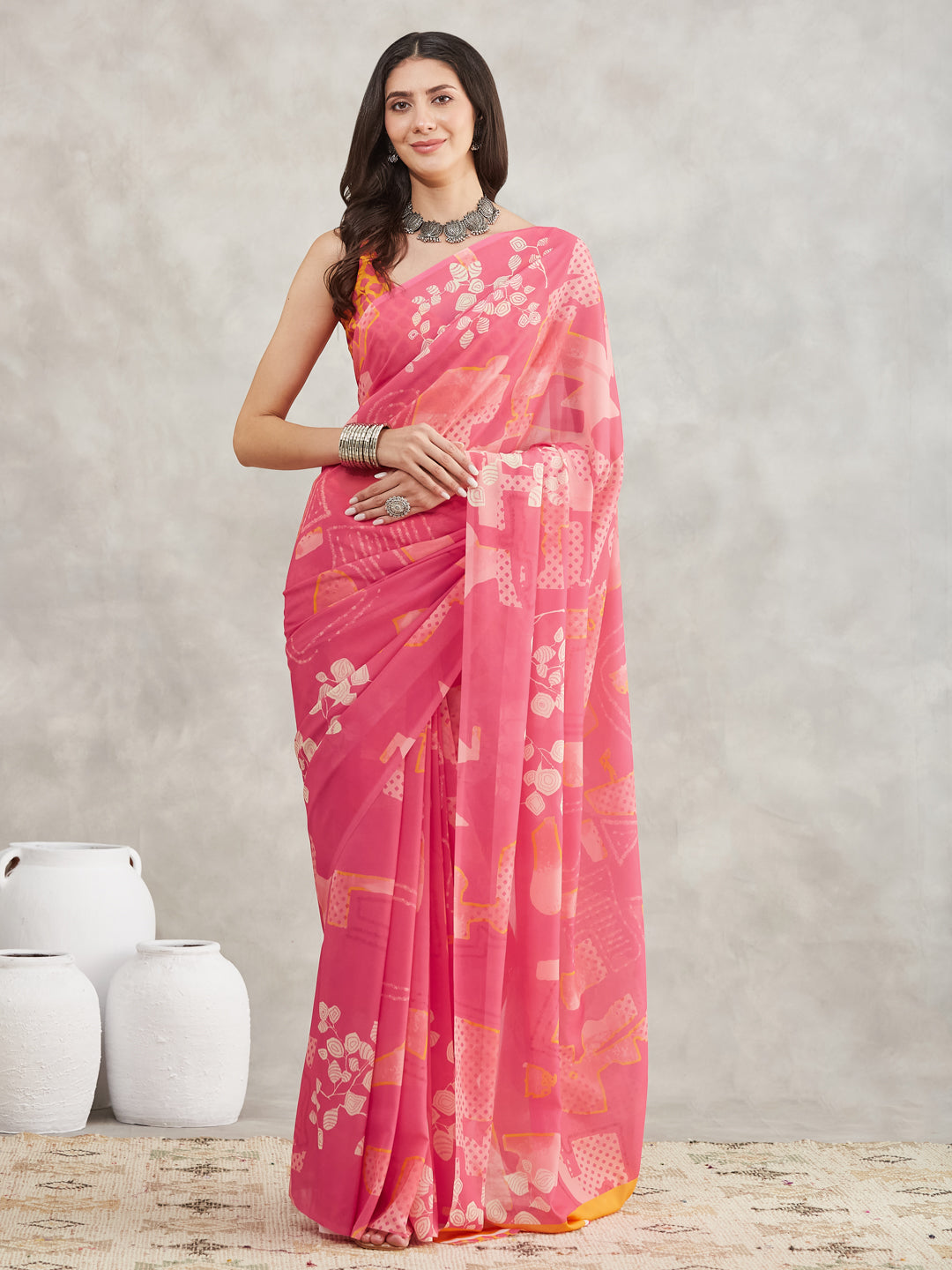 Janasya Pink Georgette Geometric Printed Saree - Distacart