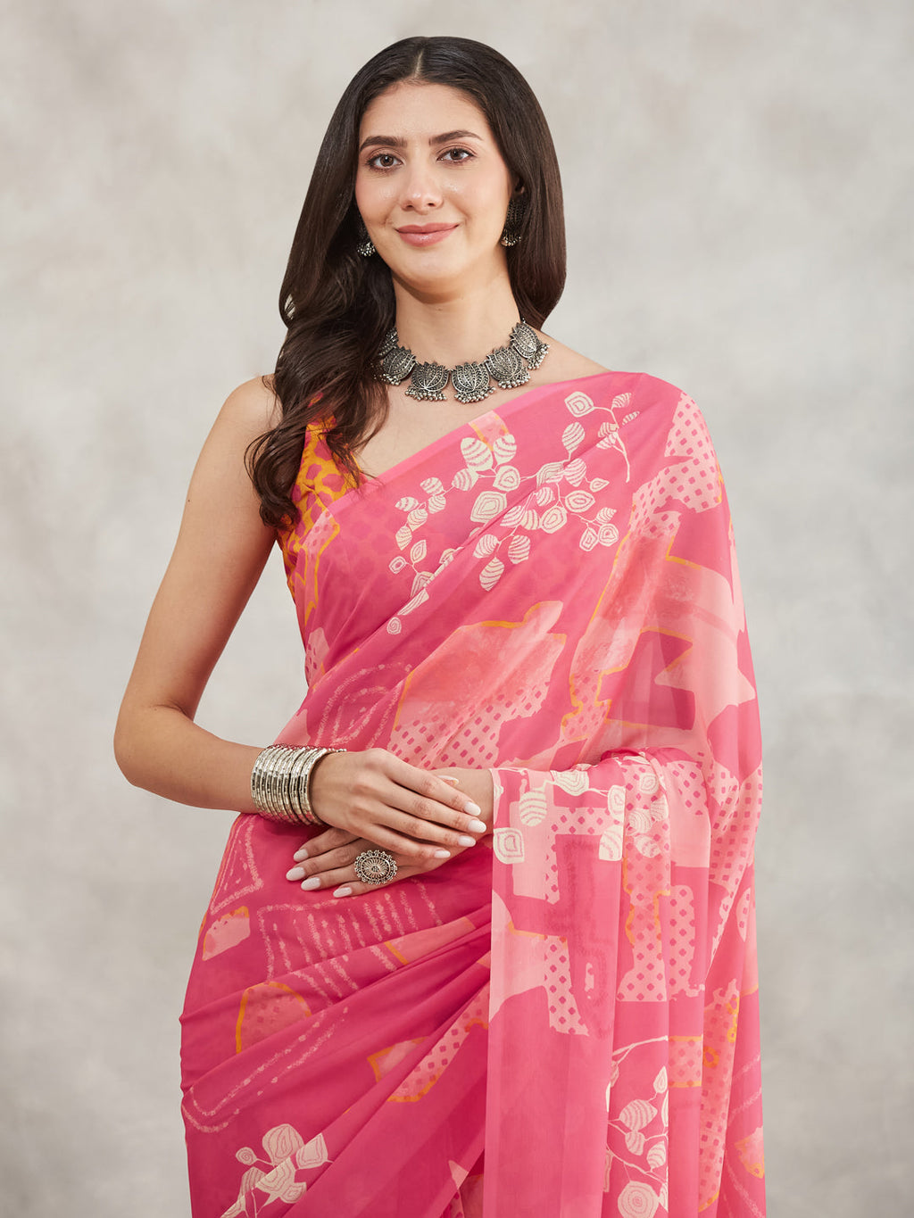 Janasya Pink Georgette Geometric Printed Saree - Distacart