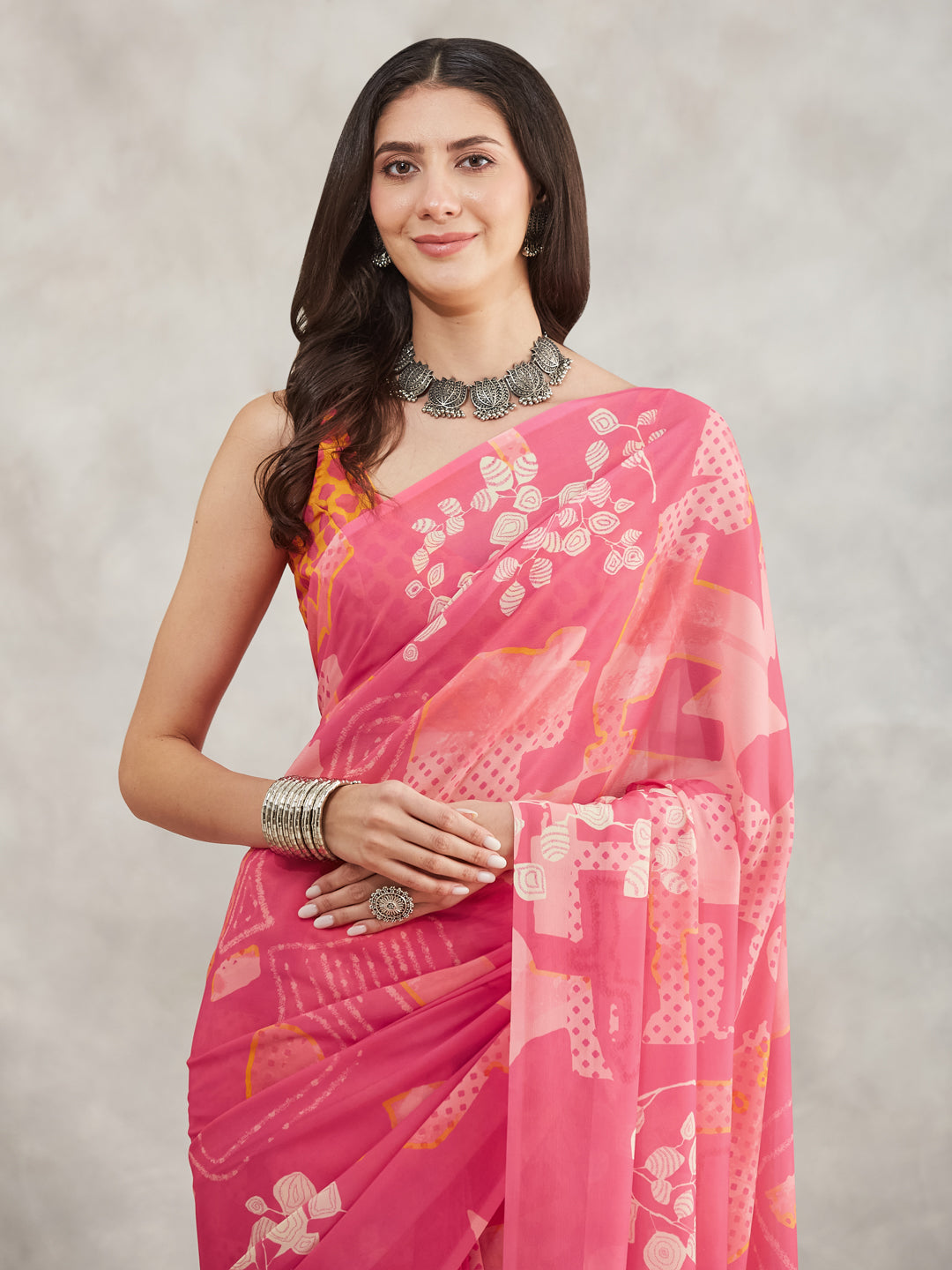 Janasya Pink Georgette Geometric Printed Saree - Distacart