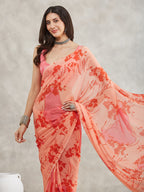 Janasya Peach Georgette Floral Printed Saree - Distacart