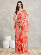 Janasya Peach Georgette Floral Printed Saree - Distacart
