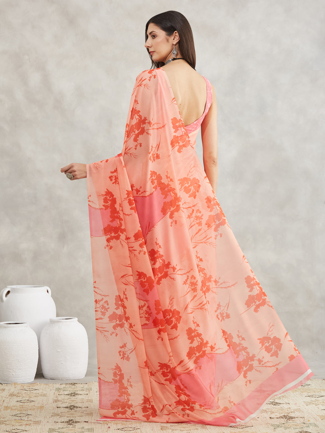 Janasya Peach Georgette Floral Printed Saree - Distacart