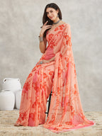 Janasya Peach Georgette Floral Printed Saree - Distacart