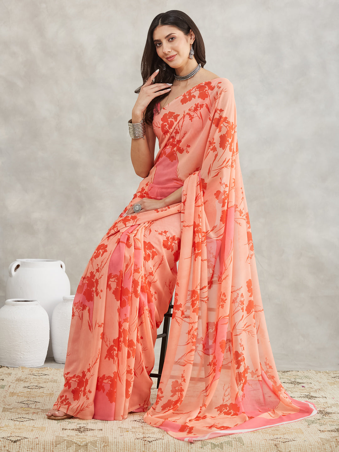 Janasya Peach Georgette Floral Printed Saree - Distacart