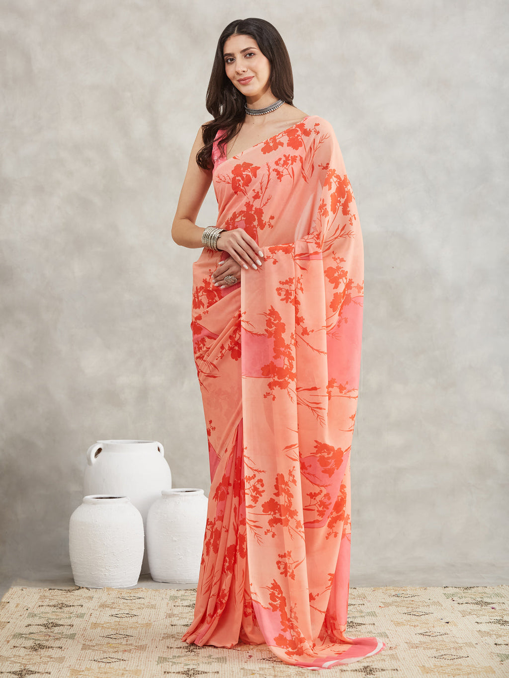 Janasya Peach Georgette Floral Printed Saree - Distacart