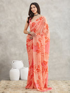 Janasya Peach Georgette Floral Printed Saree - Distacart