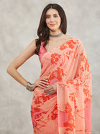 Janasya Peach Georgette Floral Printed Saree - Distacart