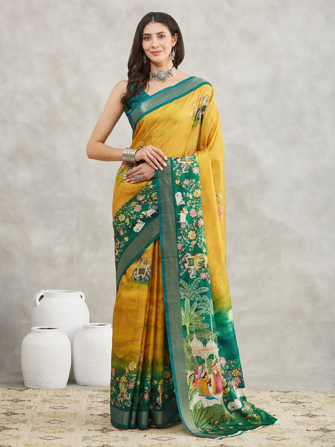 Janasya Mustard Silk Blend Ethnic Motifs Printed Saree - Distacart