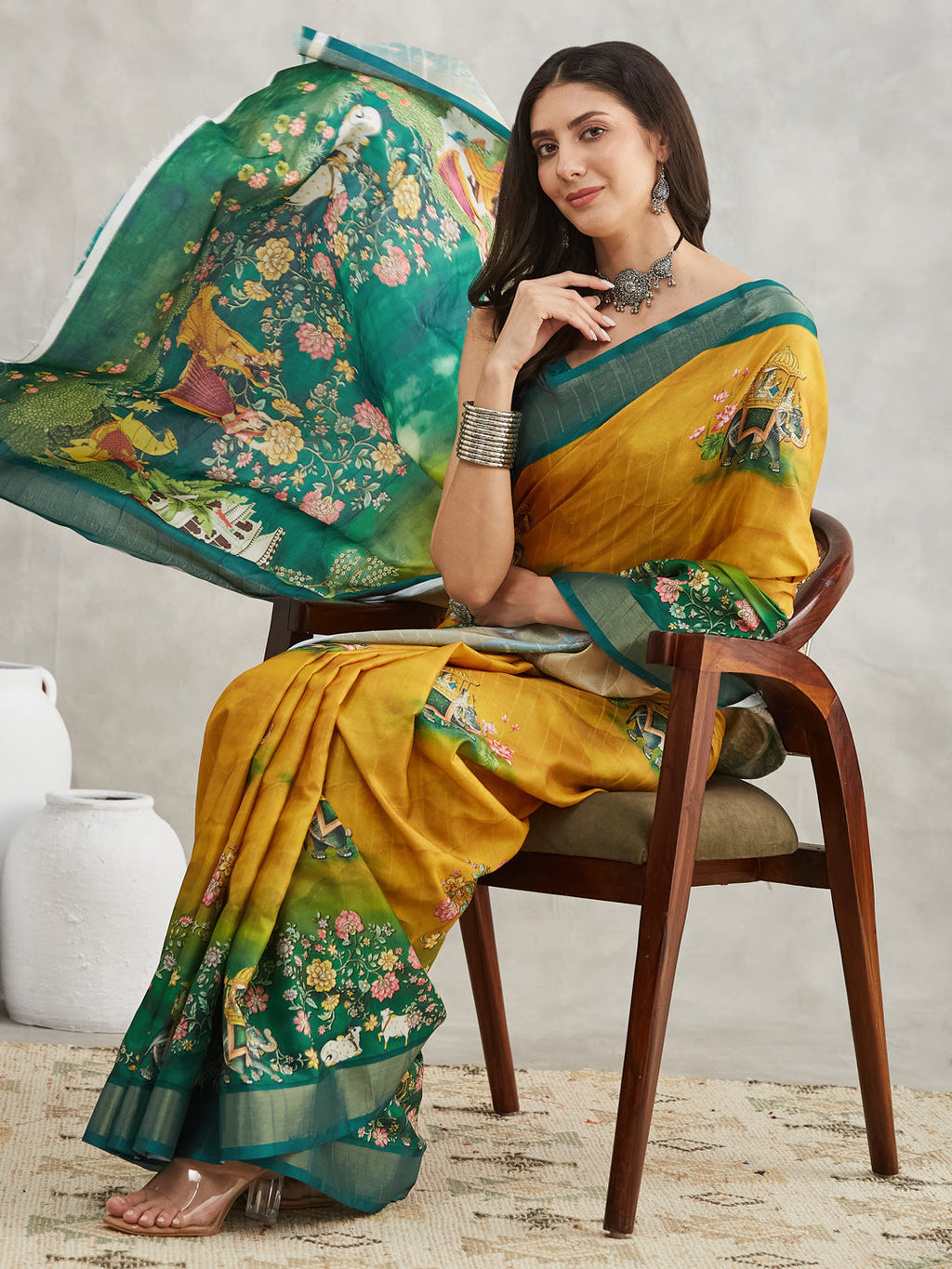 Janasya Mustard Silk Blend Ethnic Motifs Printed Saree - Distacart
