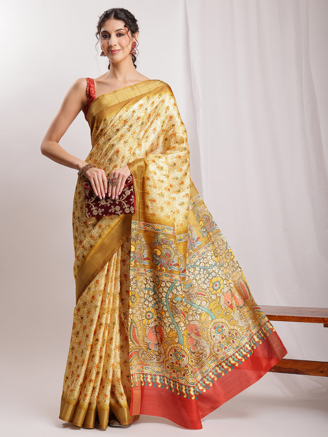 Janasya Olive Green Silk Blend Kalamkari Printed Saree - Distacart