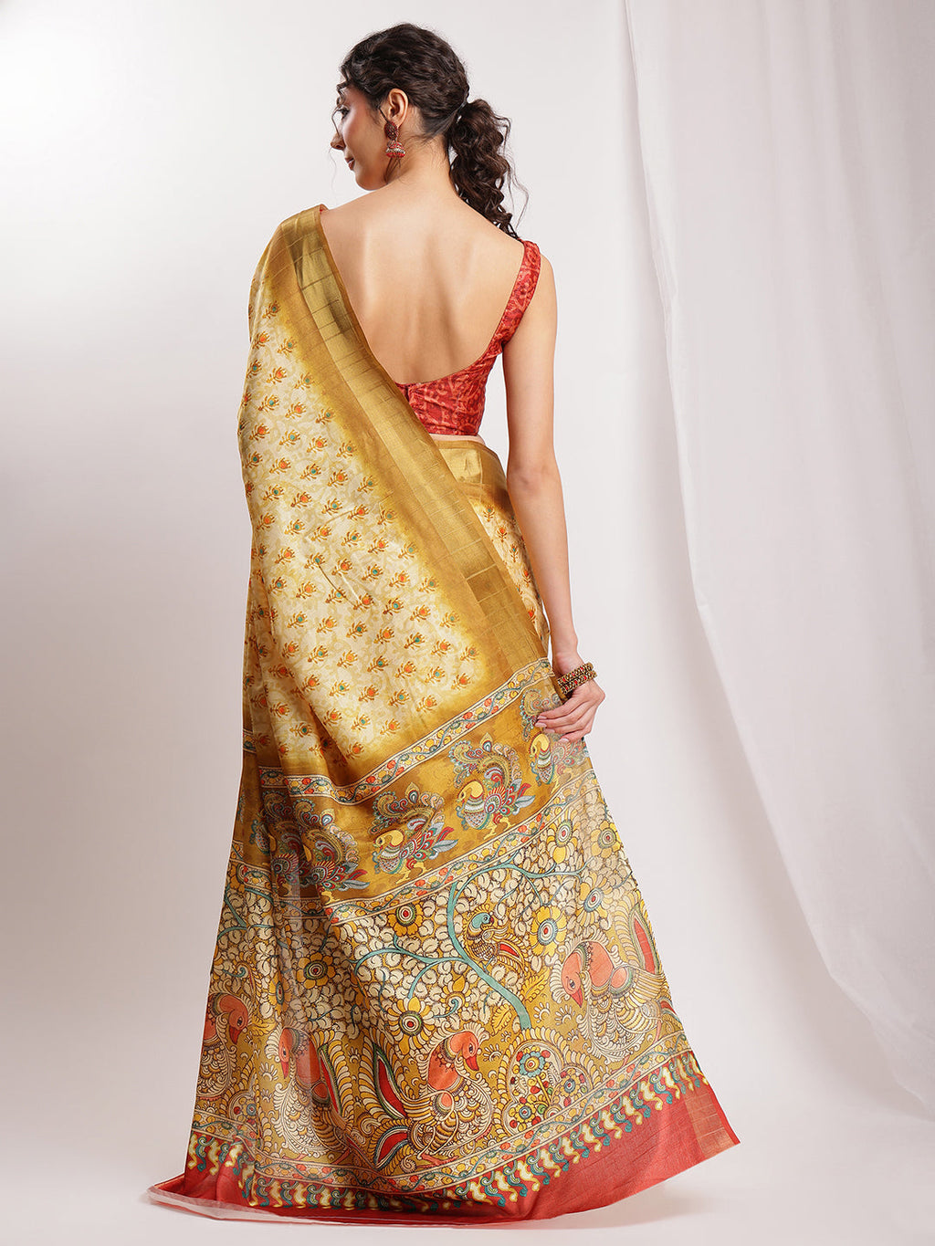 Janasya Olive Green Silk Blend Kalamkari Printed Saree - Distacart