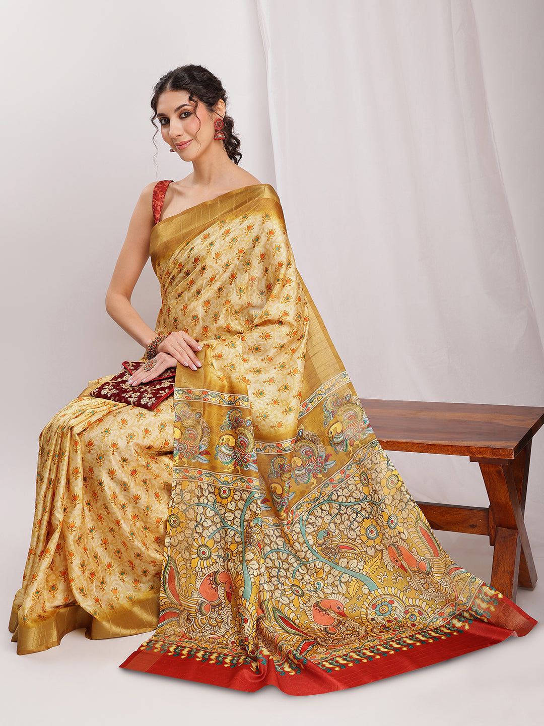 Janasya Olive Green Silk Blend Kalamkari Printed Saree - Distacart