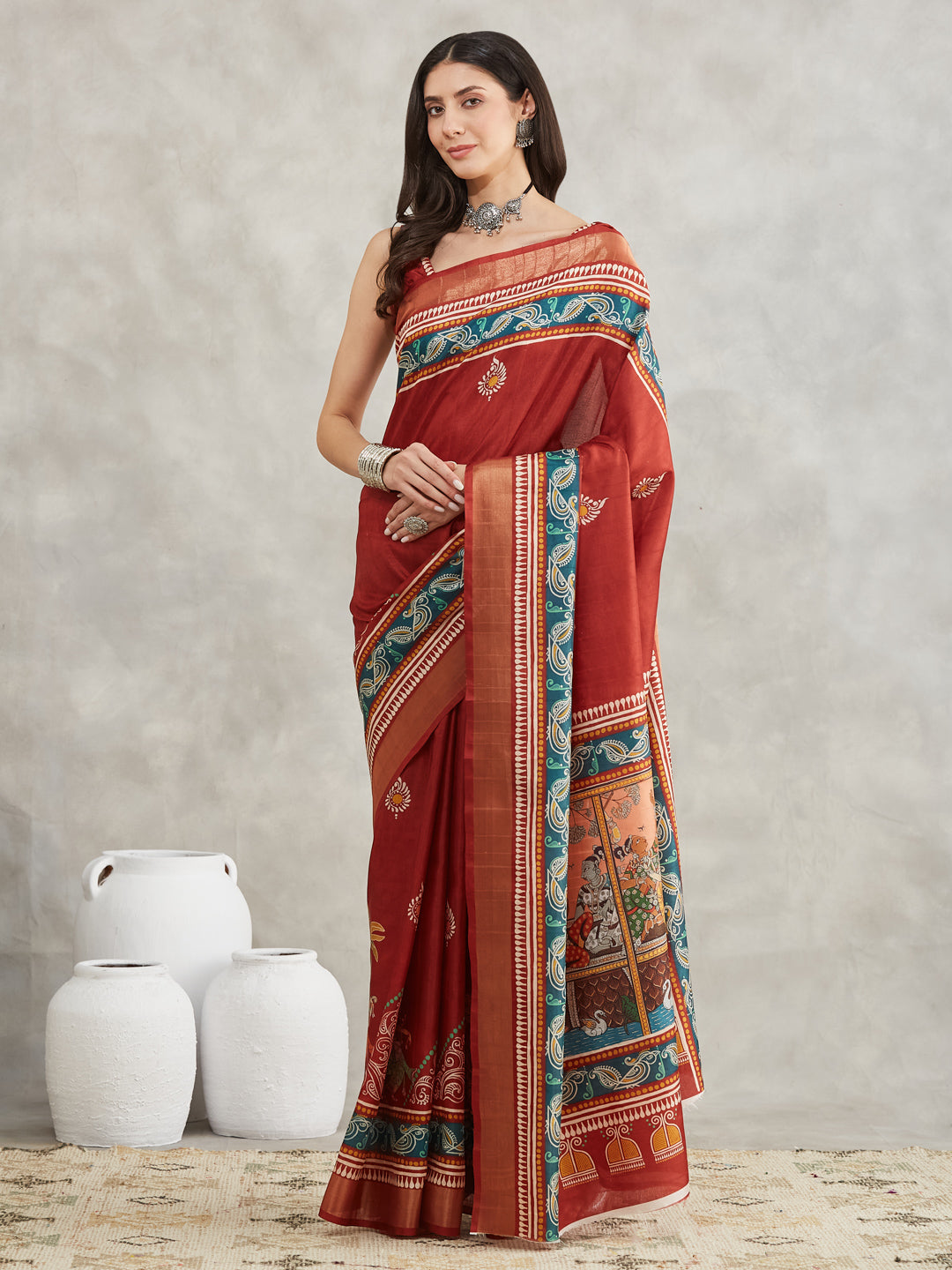 Janasya Rust Silk Blend Paisley Printed Saree - Distacart