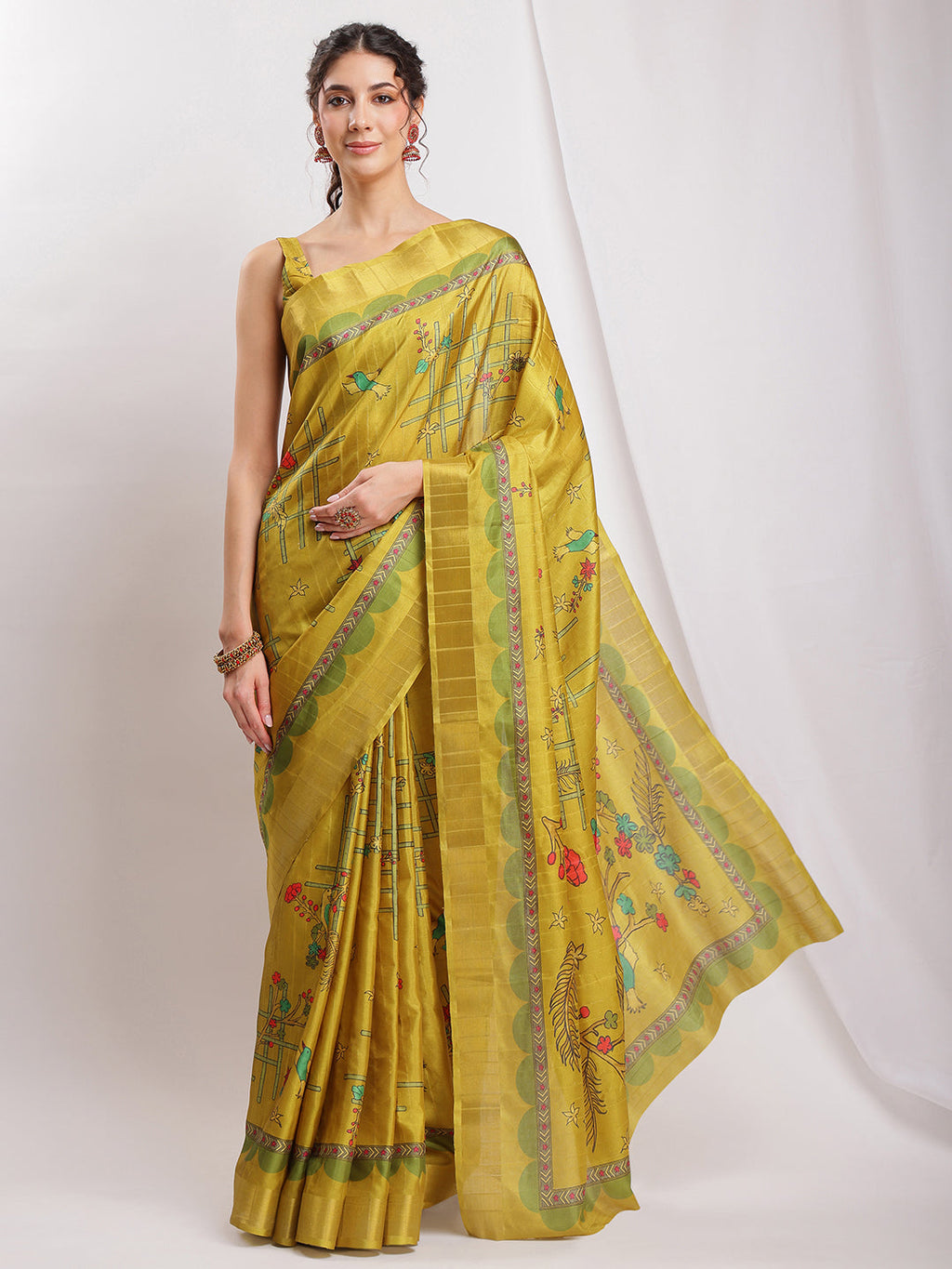 Janasya Green Silk Blend Ethnic Motifs Printed Saree - Distacart