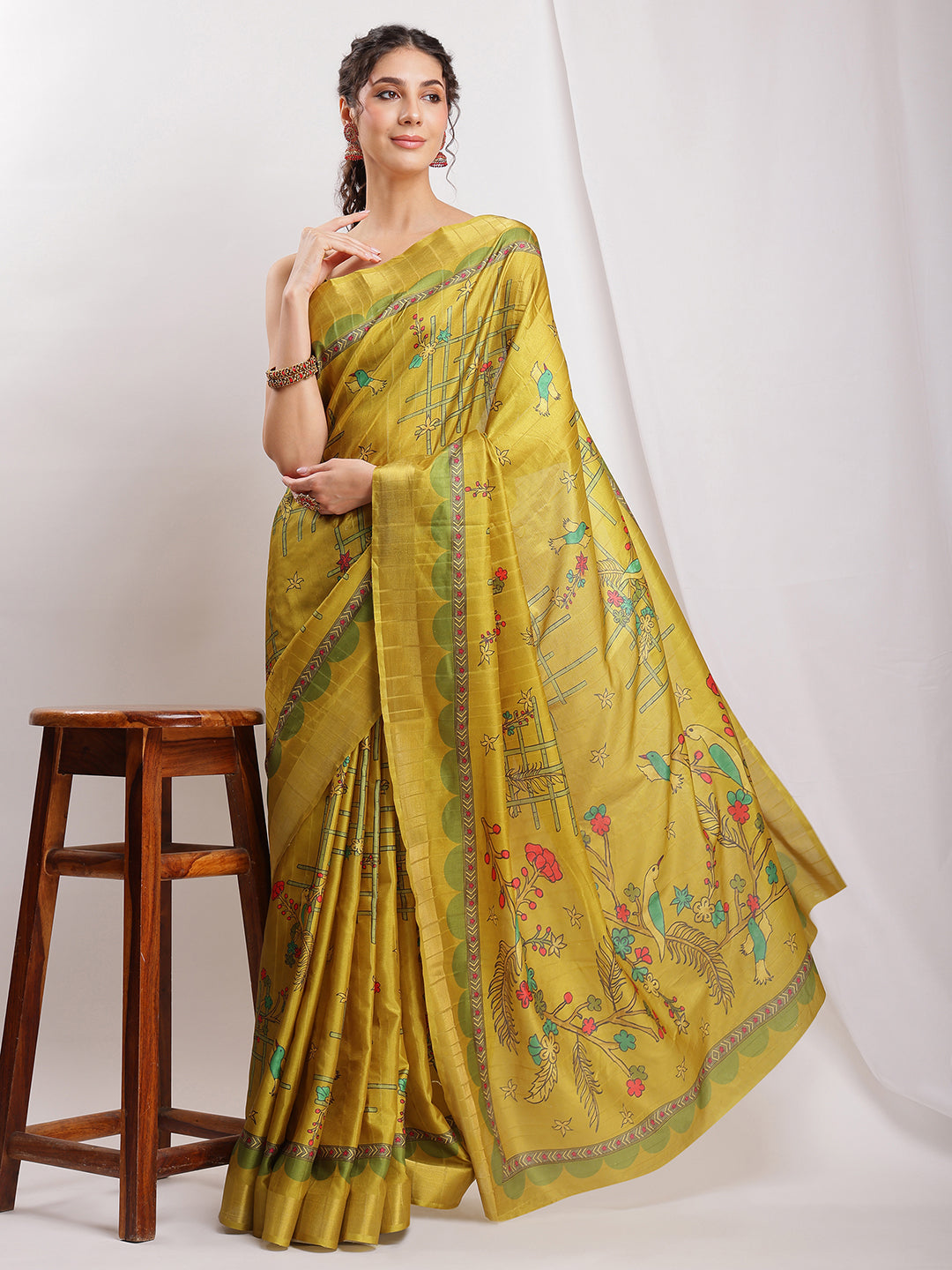 Janasya Green Silk Blend Ethnic Motifs Printed Saree - Distacart
