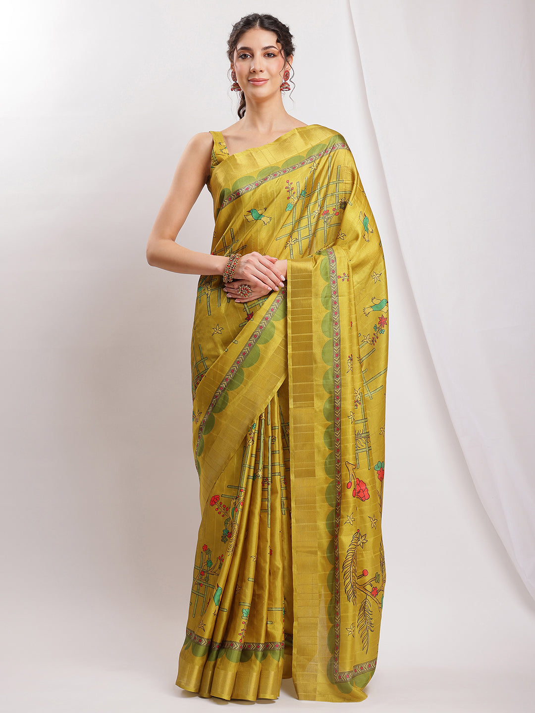 Janasya Green Silk Blend Ethnic Motifs Printed Saree - Distacart
