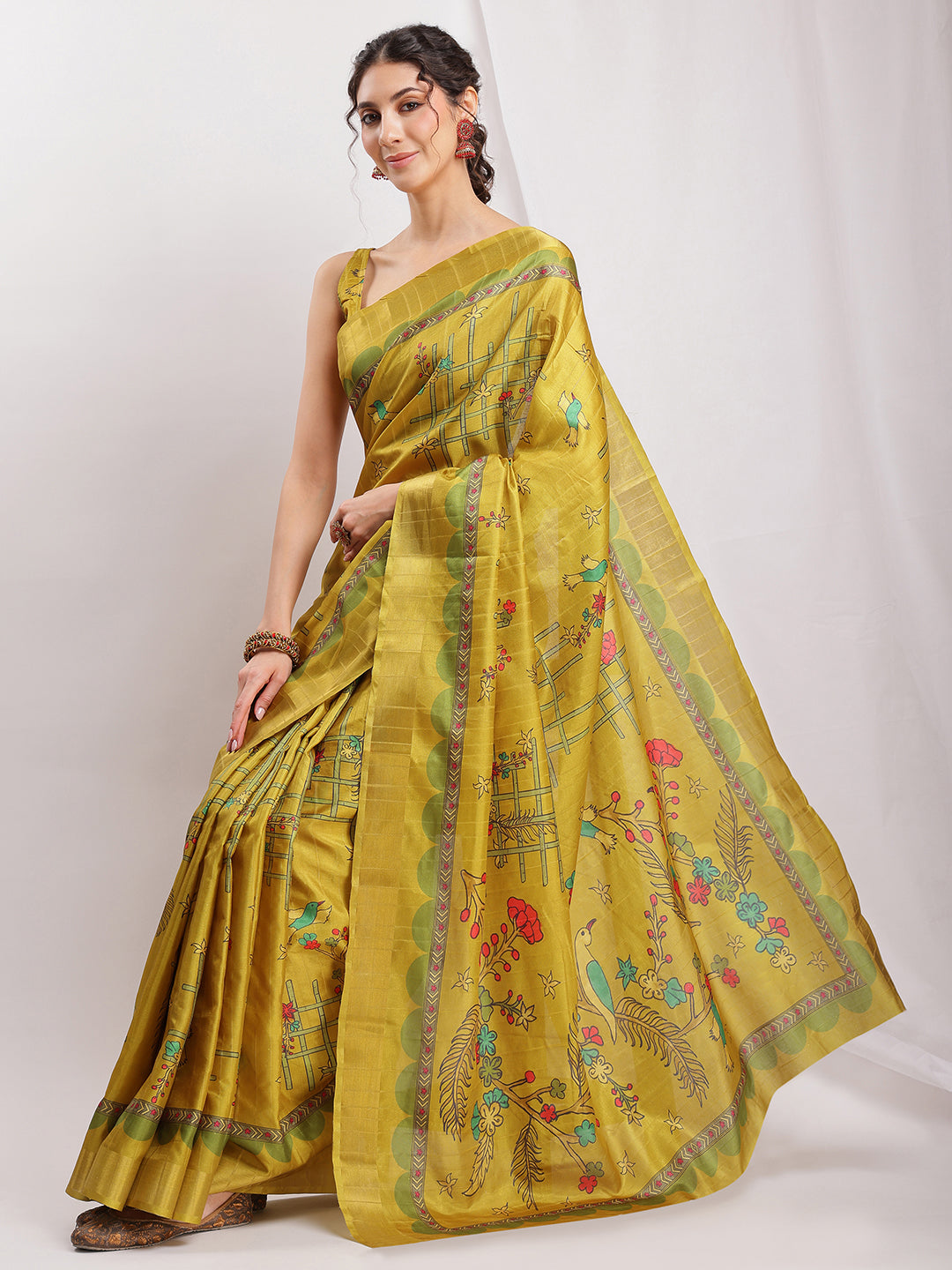 Janasya Green Silk Blend Ethnic Motifs Printed Saree - Distacart