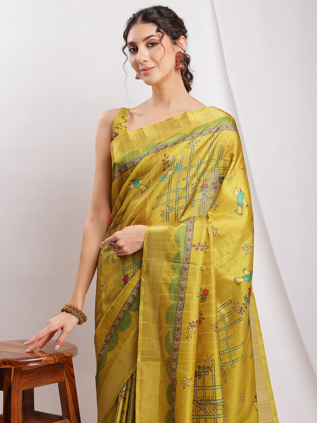 Janasya Green Silk Blend Ethnic Motifs Printed Saree - Distacart