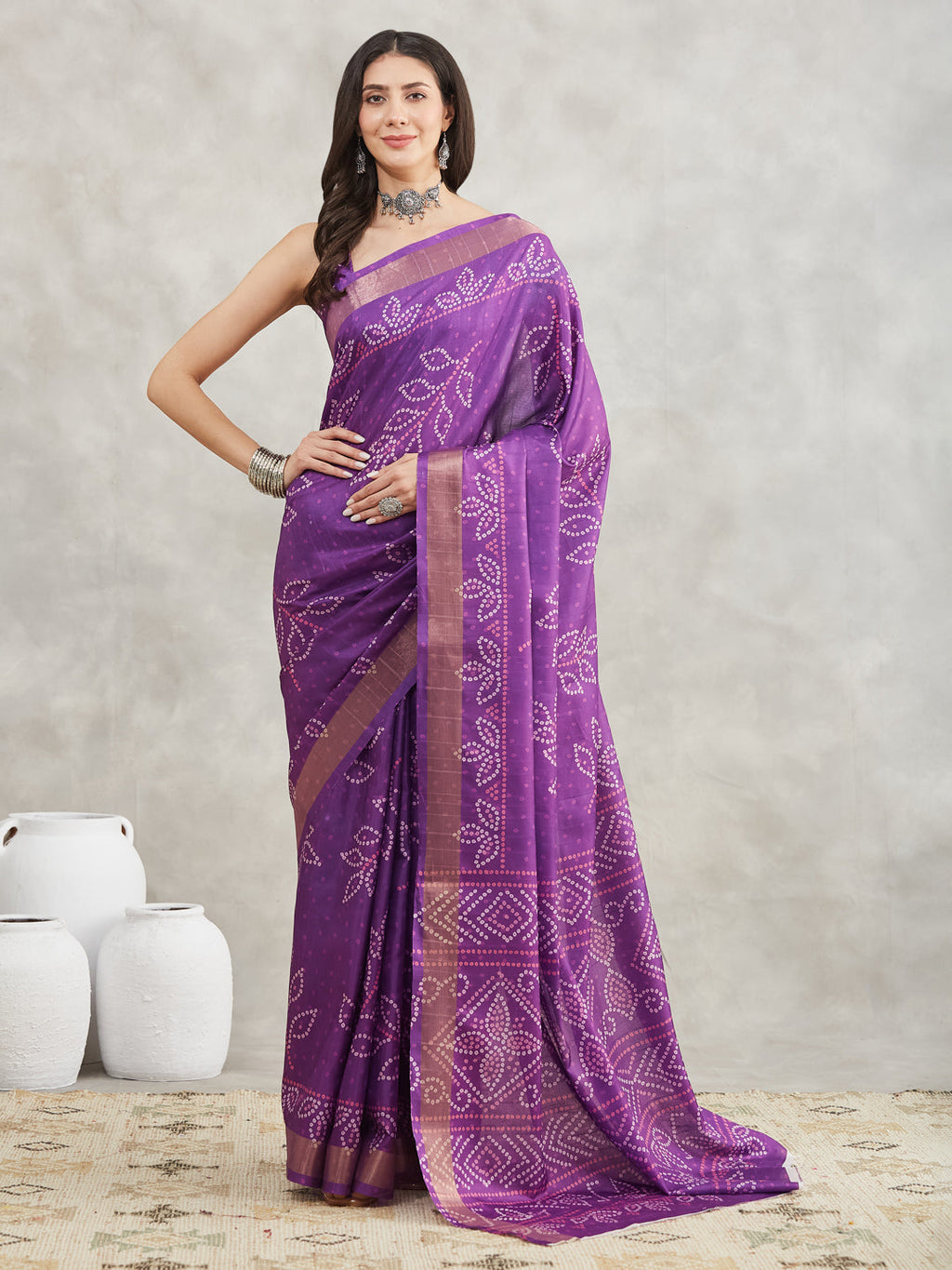 Janasya Purple Silk Blend Bandhani Printed Saree - Distacart
