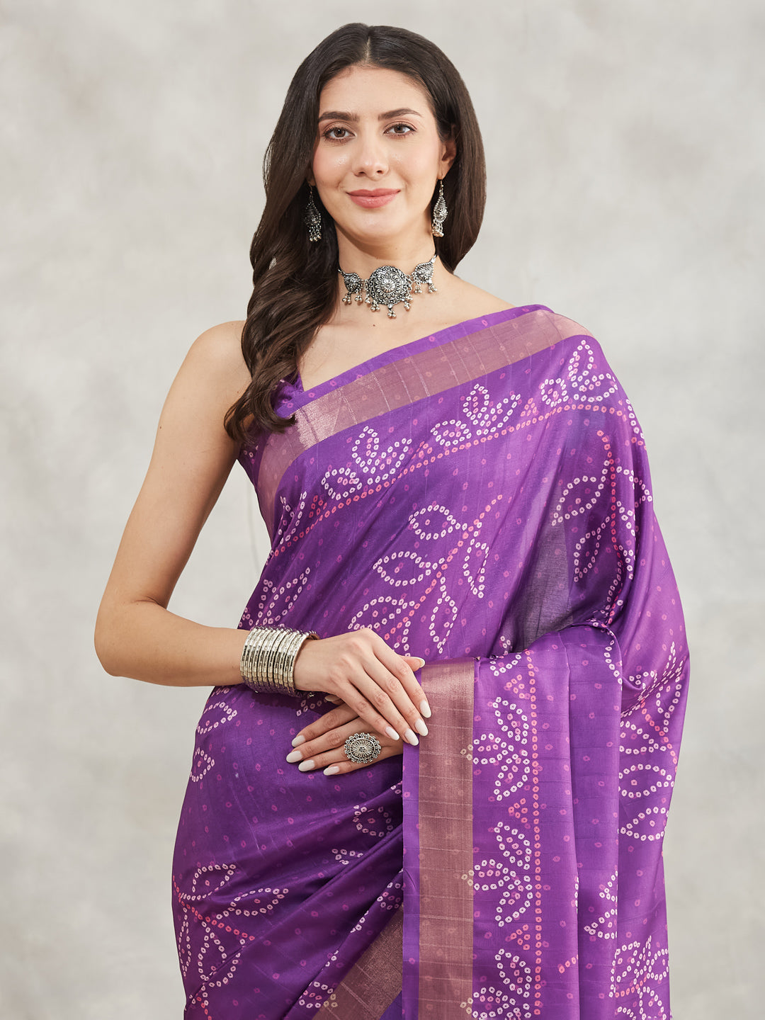 Janasya Purple Silk Blend Bandhani Printed Saree - Distacart