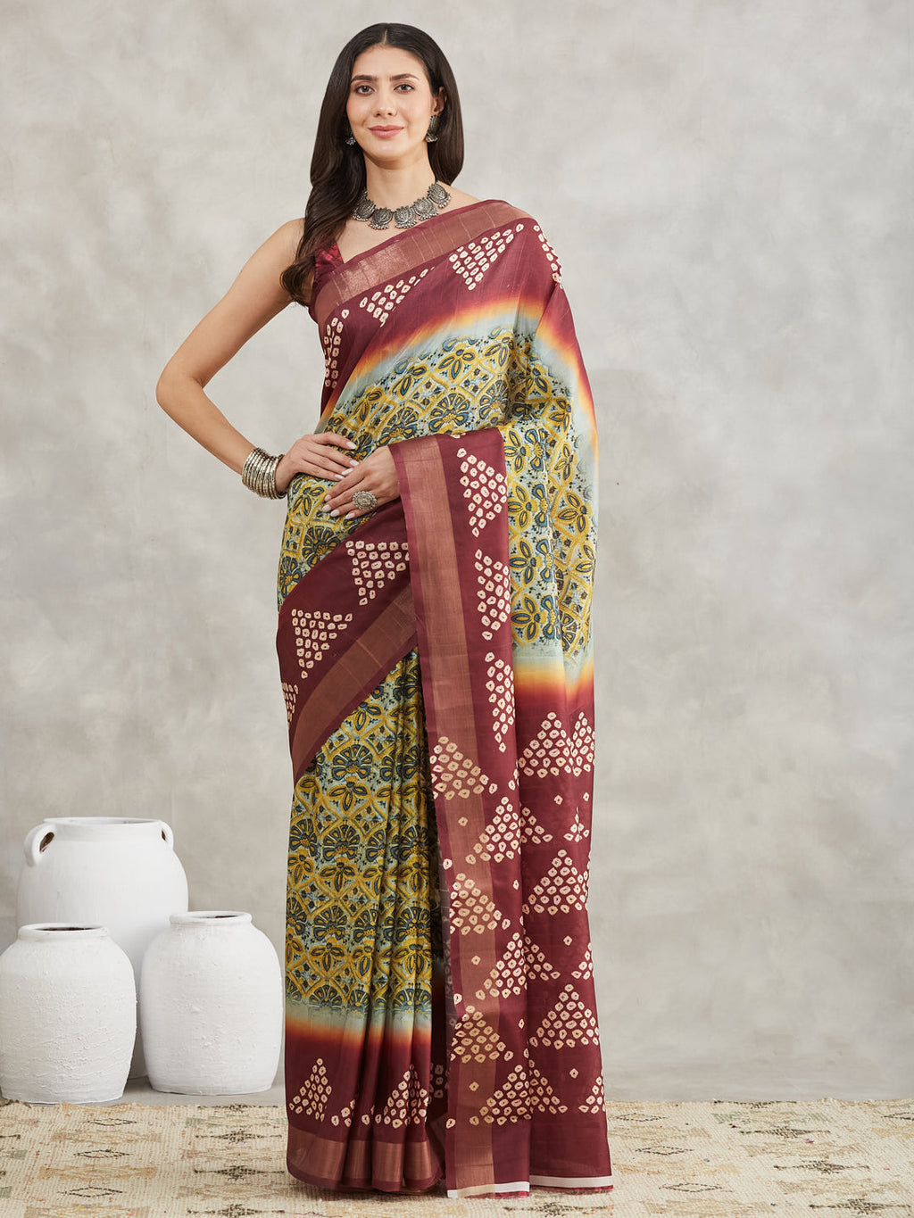 Janasya Yellow Silk Blend Ethnic Motifs Printed Saree - Distacart