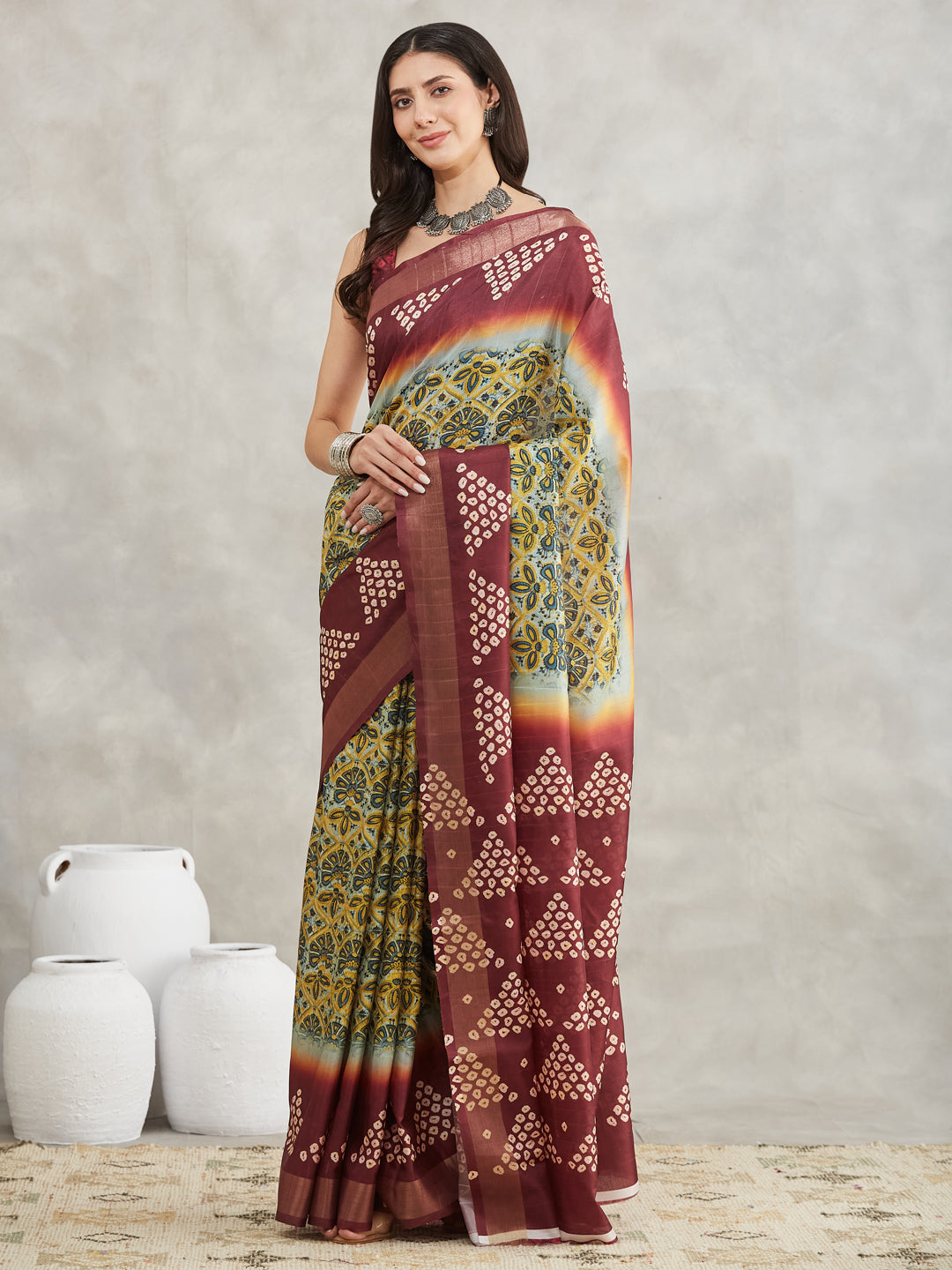 Janasya Yellow Silk Blend Ethnic Motifs Printed Saree - Distacart