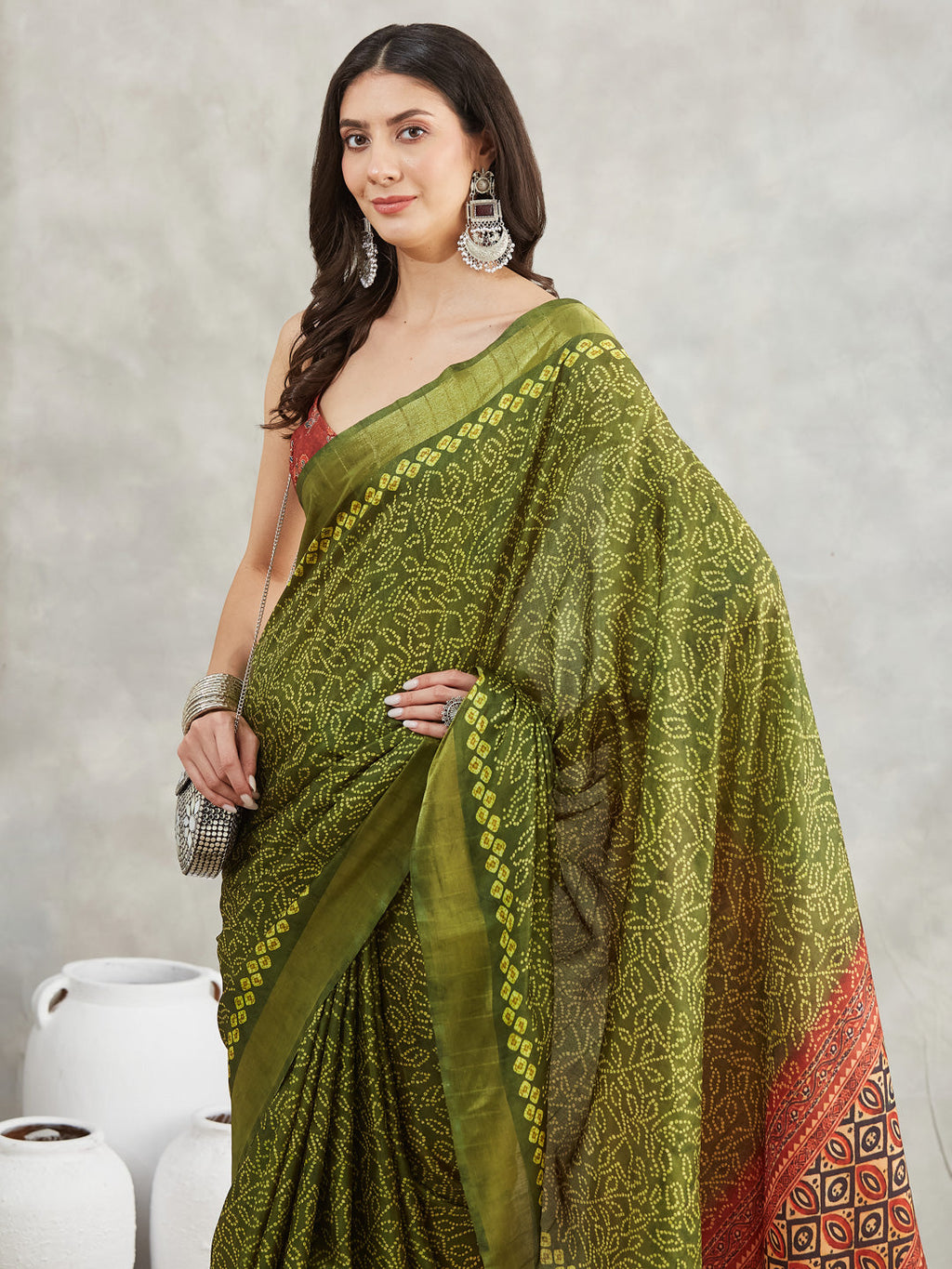 Janasya Mehndi Green Silk Blend Bandhani Printed Saree - Distacart