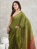 Janasya Mehndi Green Silk Blend Bandhani Printed Saree - Distacart