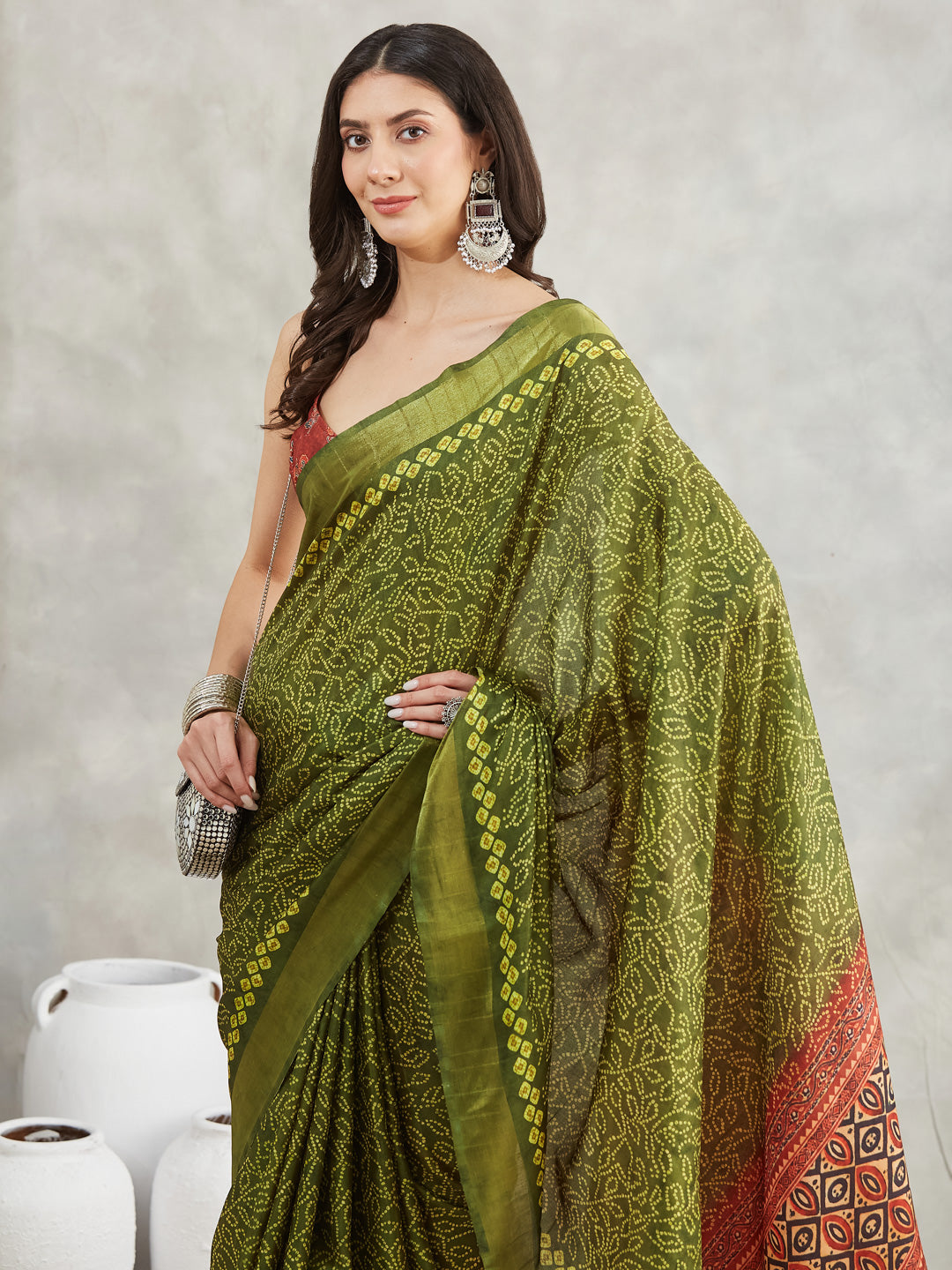 Janasya Mehndi Green Silk Blend Bandhani Printed Saree - Distacart