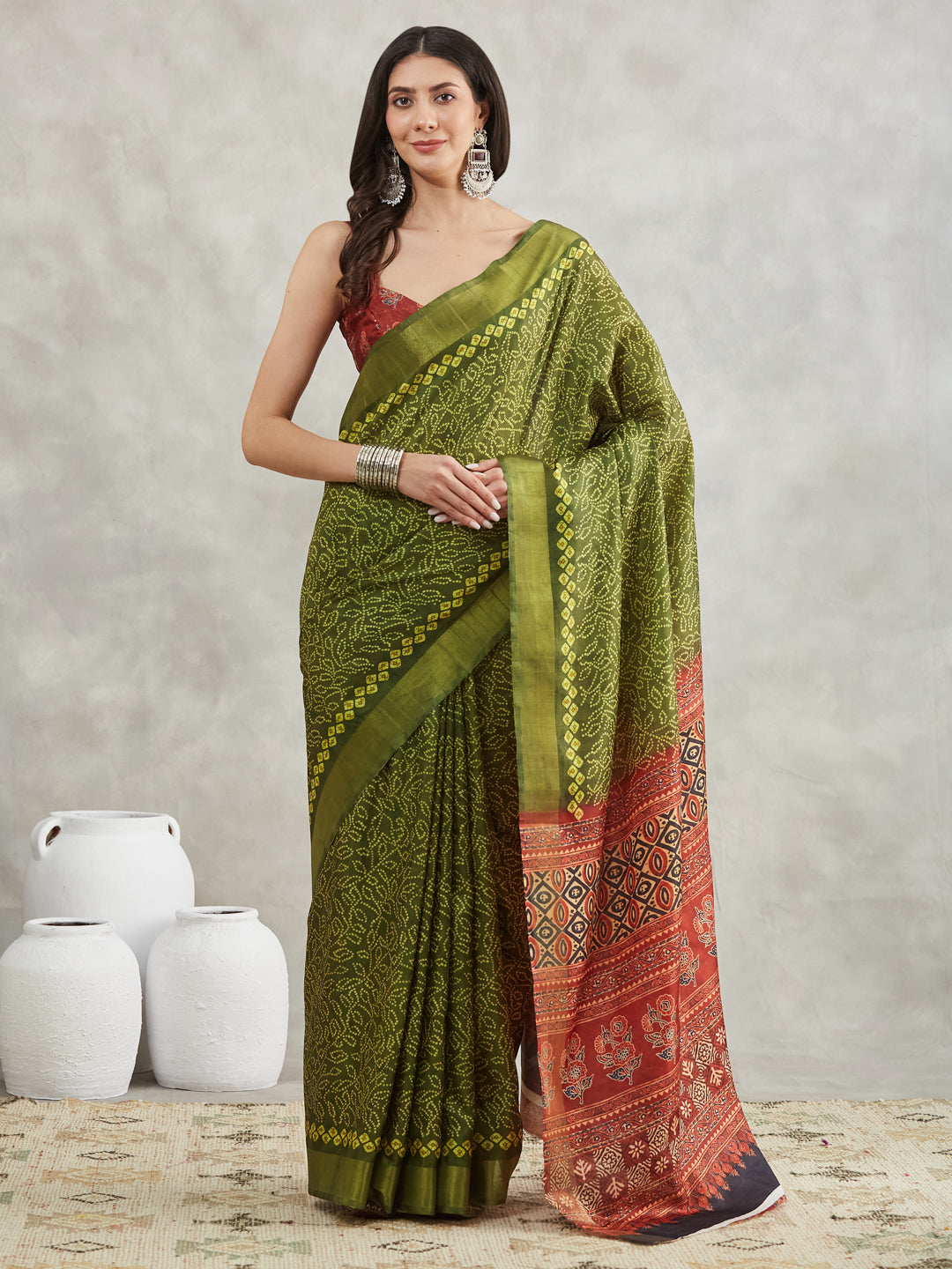 Janasya Mehndi Green Silk Blend Bandhani Printed Saree - Distacart