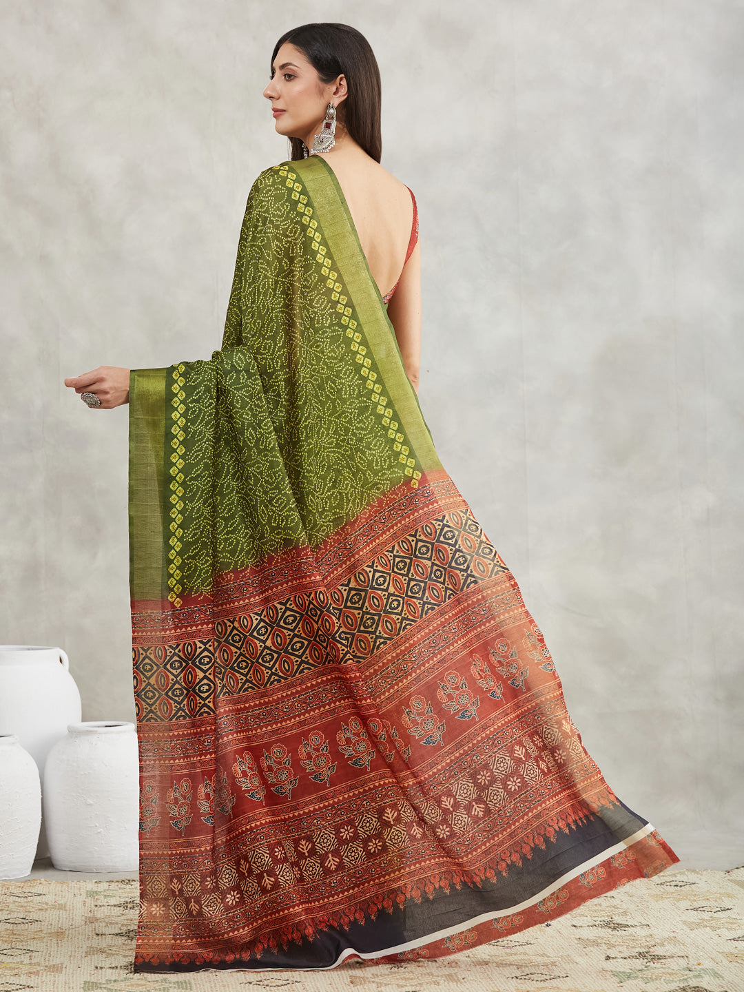 Janasya Mehndi Green Silk Blend Bandhani Printed Saree - Distacart