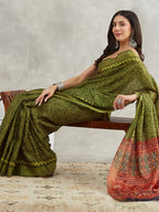 Janasya Mehndi Green Silk Blend Bandhani Printed Saree - Distacart
