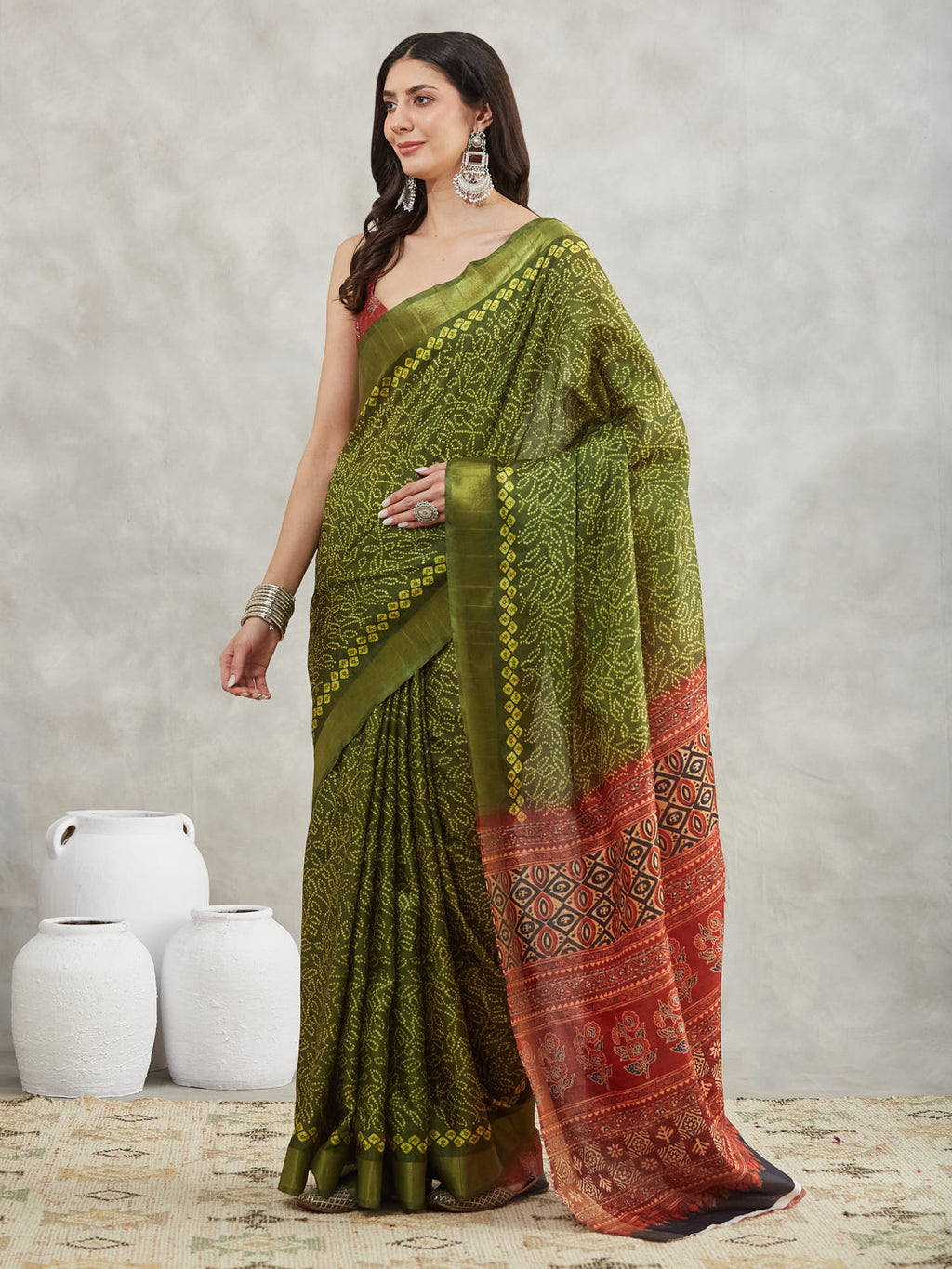 Janasya Mehndi Green Silk Blend Bandhani Printed Saree - Distacart