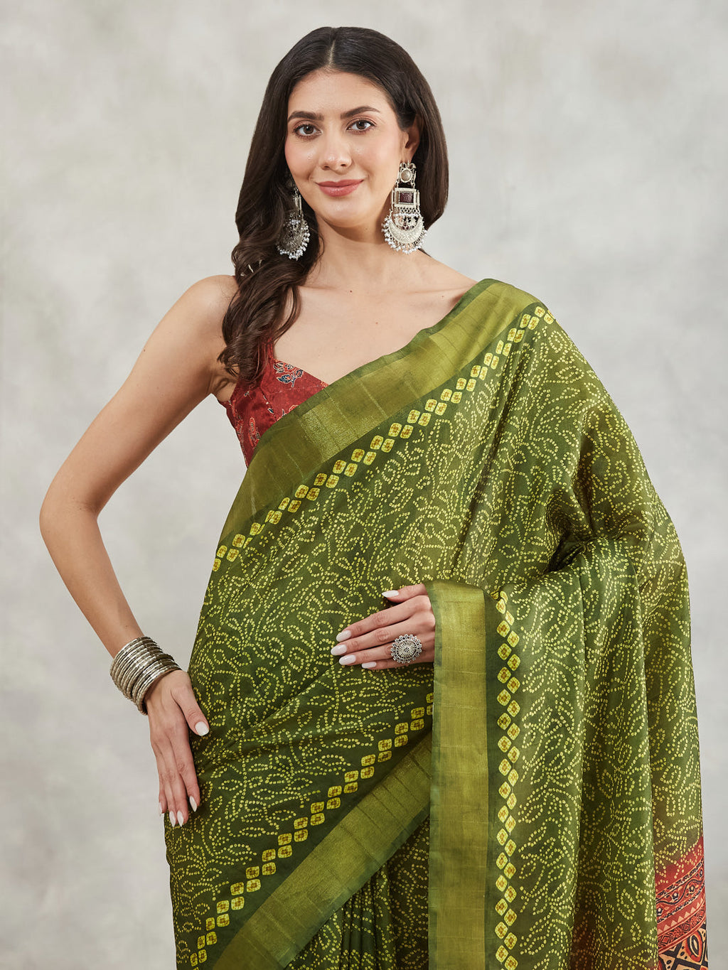 Janasya Mehndi Green Silk Blend Bandhani Printed Saree - Distacart