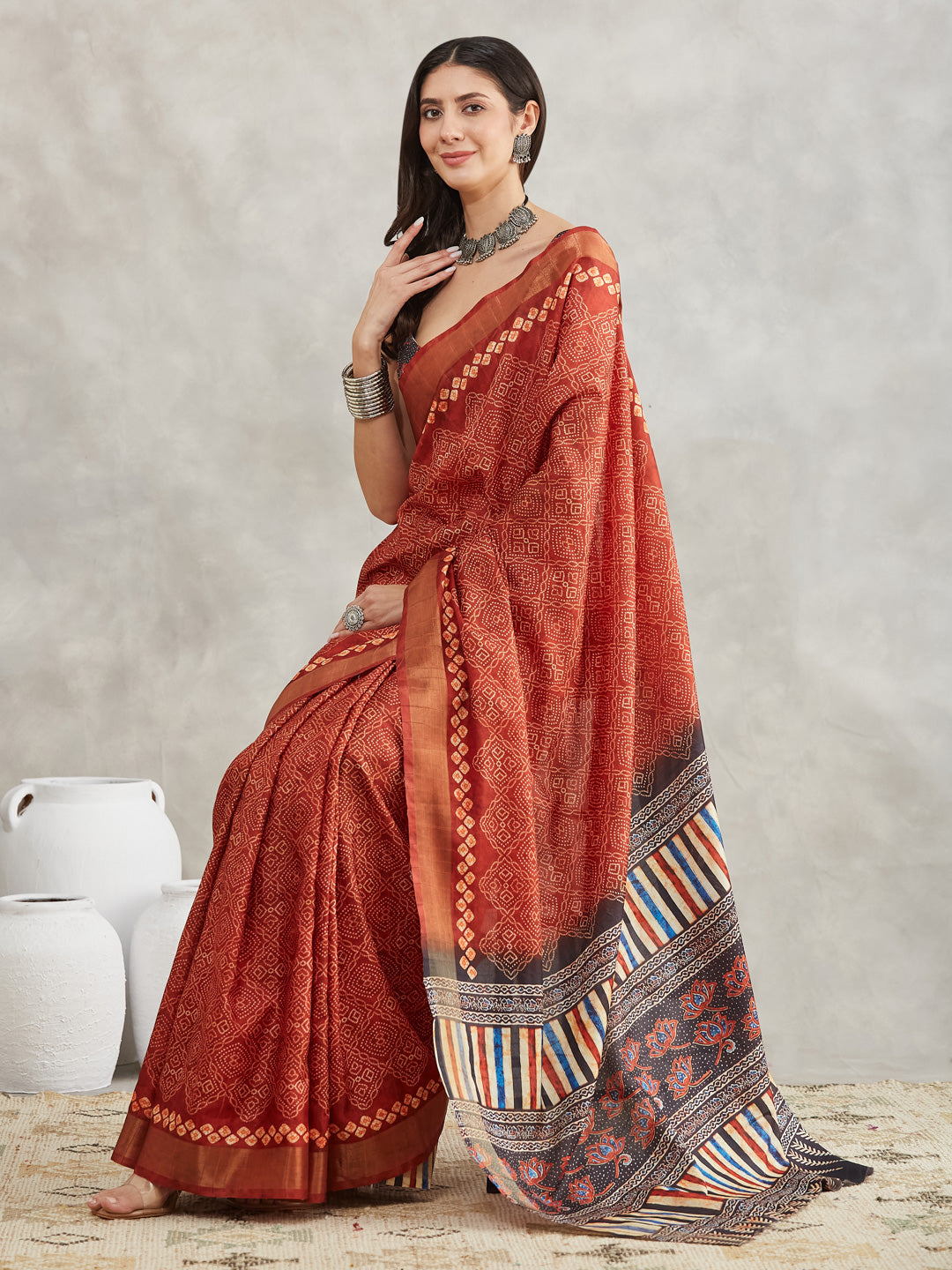 Janasya Rust Orange Silk Blend Bandhani Printed Saree - Distacart