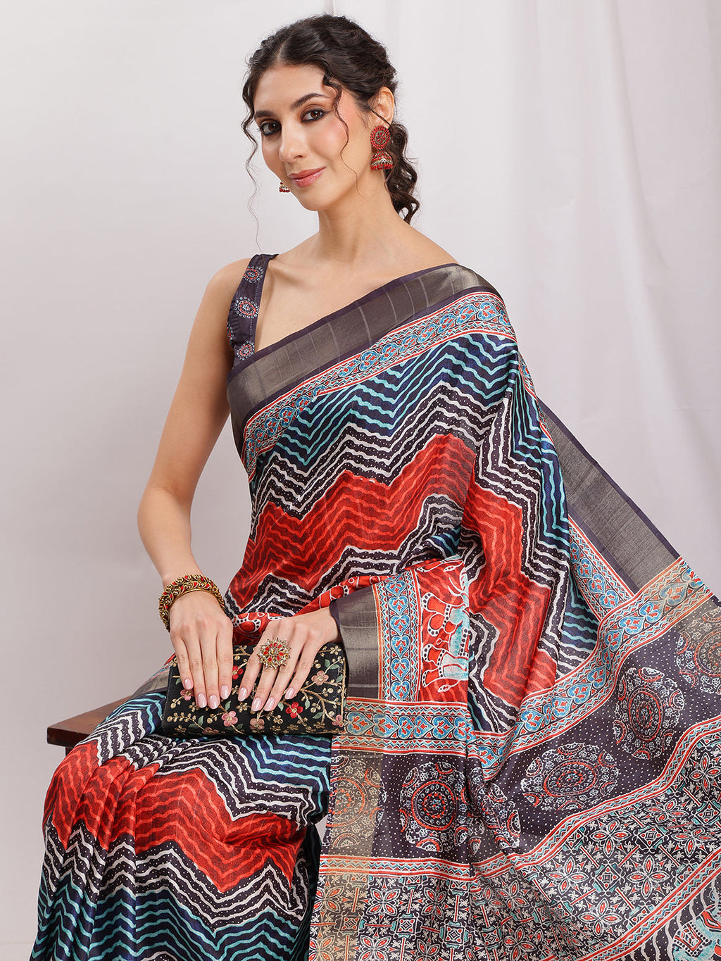Janasya Multicolor Silk Blend Chevron Printed Saree - Distacart