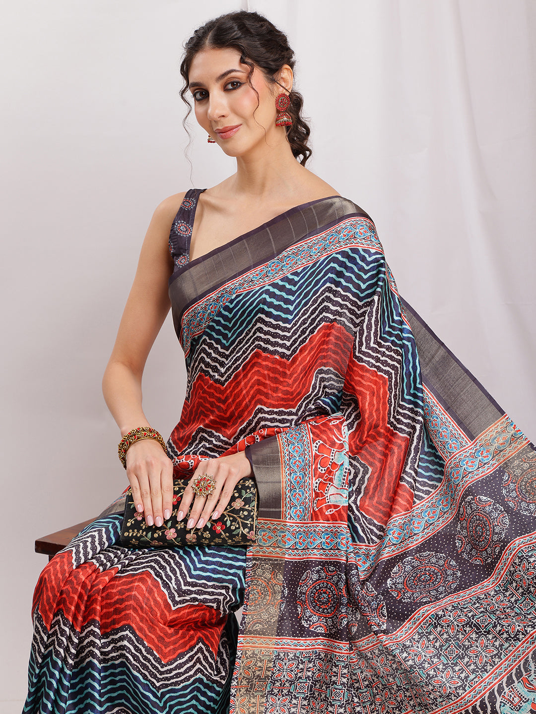 Janasya Multicolor Silk Blend Chevron Printed Saree - Distacart
