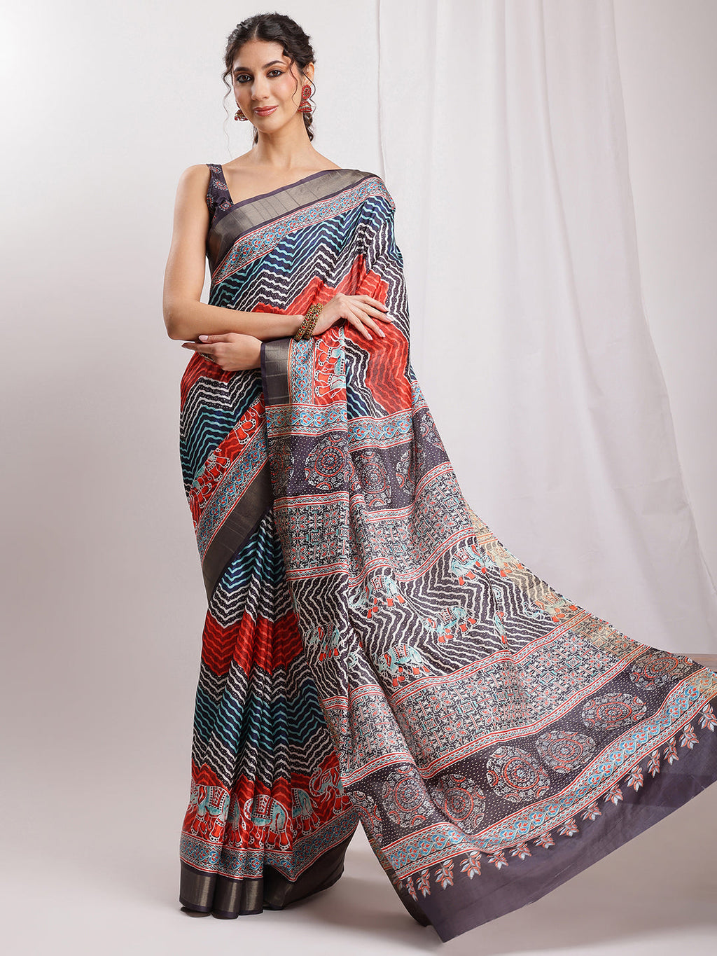 Janasya Multicolor Silk Blend Chevron Printed Saree - Distacart