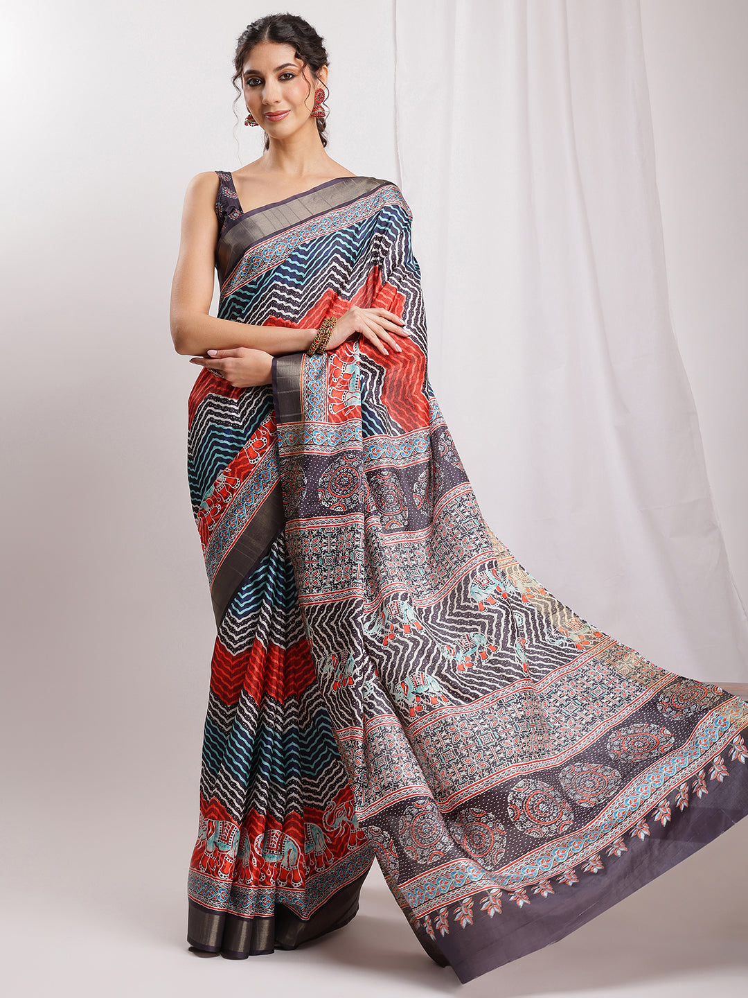 Janasya Multicolor Silk Blend Chevron Printed Saree - Distacart
