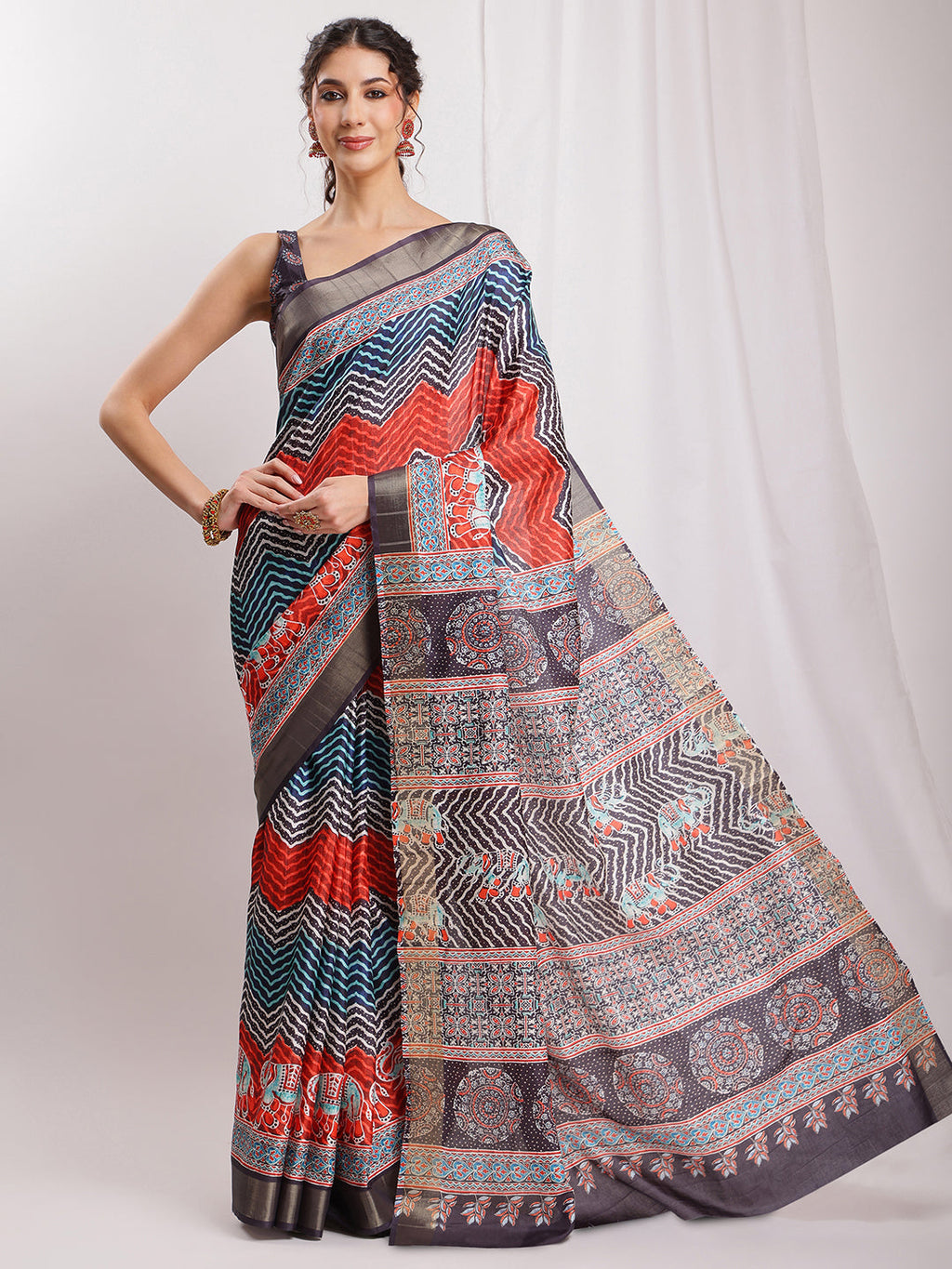 Janasya Multicolor Silk Blend Chevron Printed Saree - Distacart