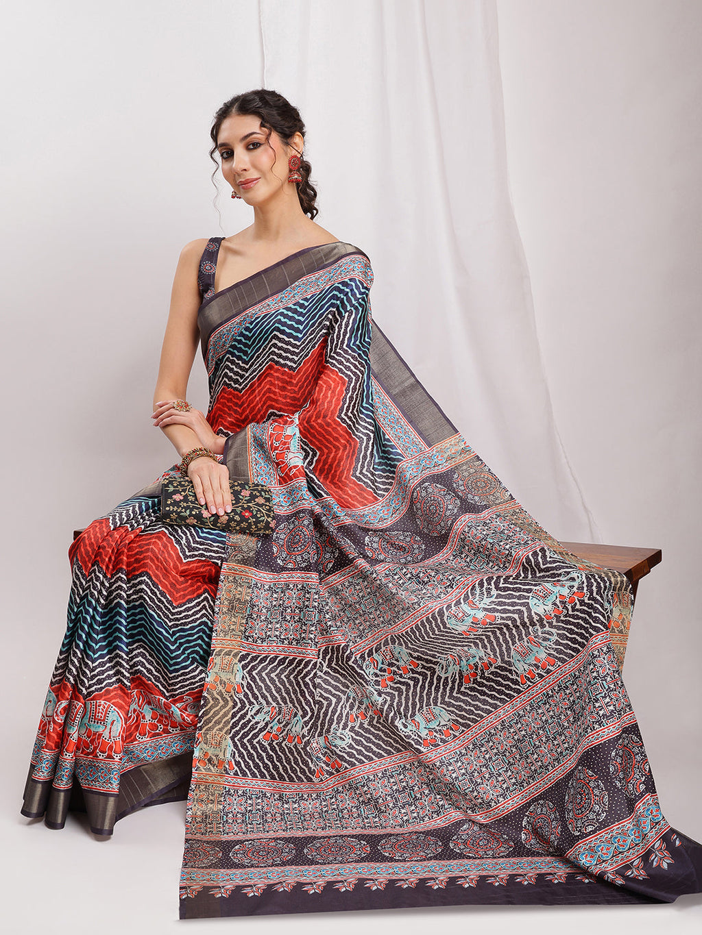 Janasya Multicolor Silk Blend Chevron Printed Saree - Distacart