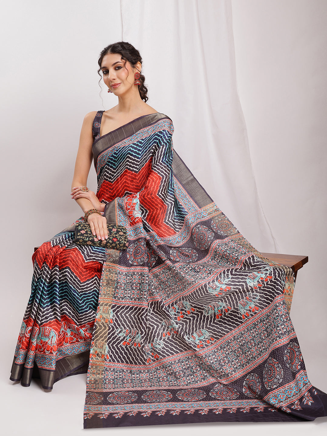 Janasya Multicolor Silk Blend Chevron Printed Saree - Distacart