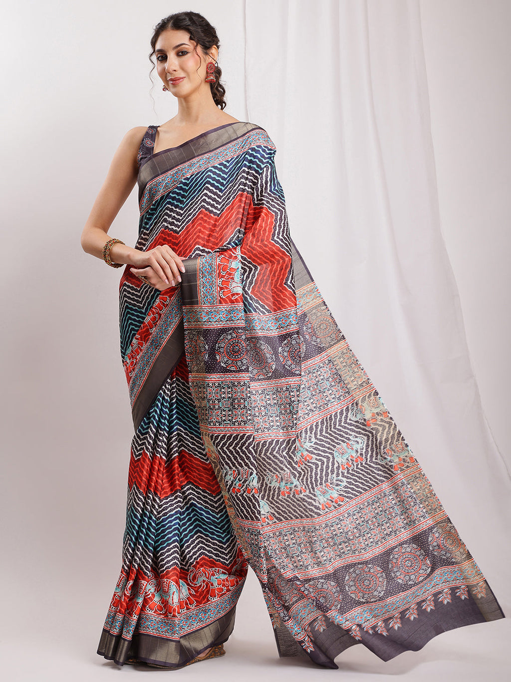 Janasya Multicolor Silk Blend Chevron Printed Saree - Distacart