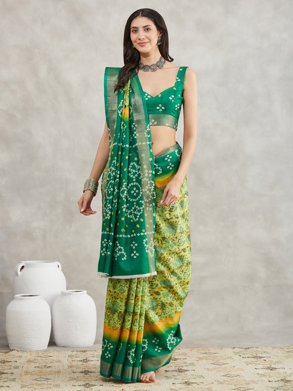 Janasya Mustard & Green Silk Blend Bandhani Printed Saree - Distacart