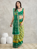 Janasya Mustard & Green Silk Blend Bandhani Printed Saree - Distacart