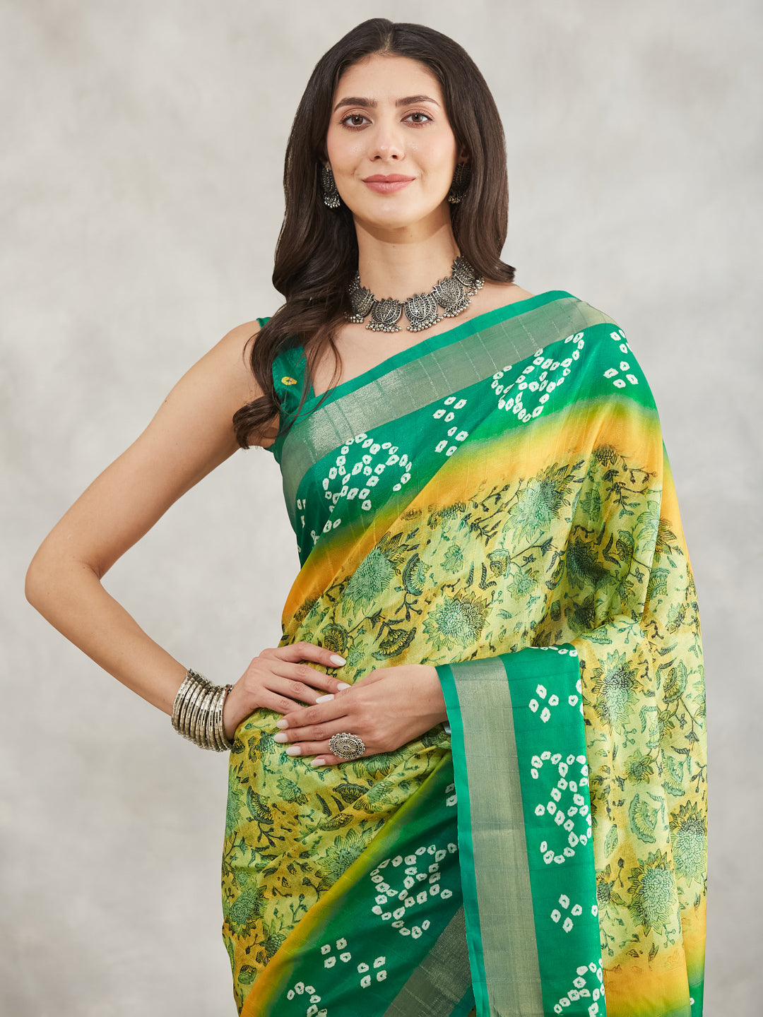 Janasya Mustard & Green Silk Blend Bandhani Printed Saree - Distacart