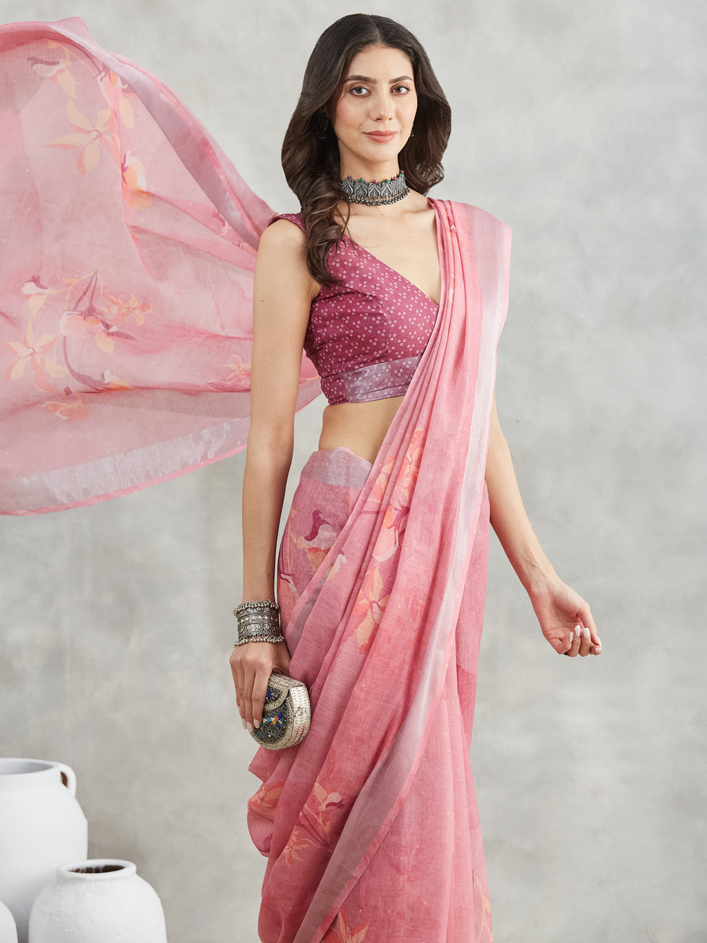 Janasya Mauve Linen Blend Floral Printed Saree - Distacart