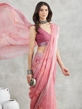 Janasya Mauve Linen Blend Floral Printed Saree - Distacart