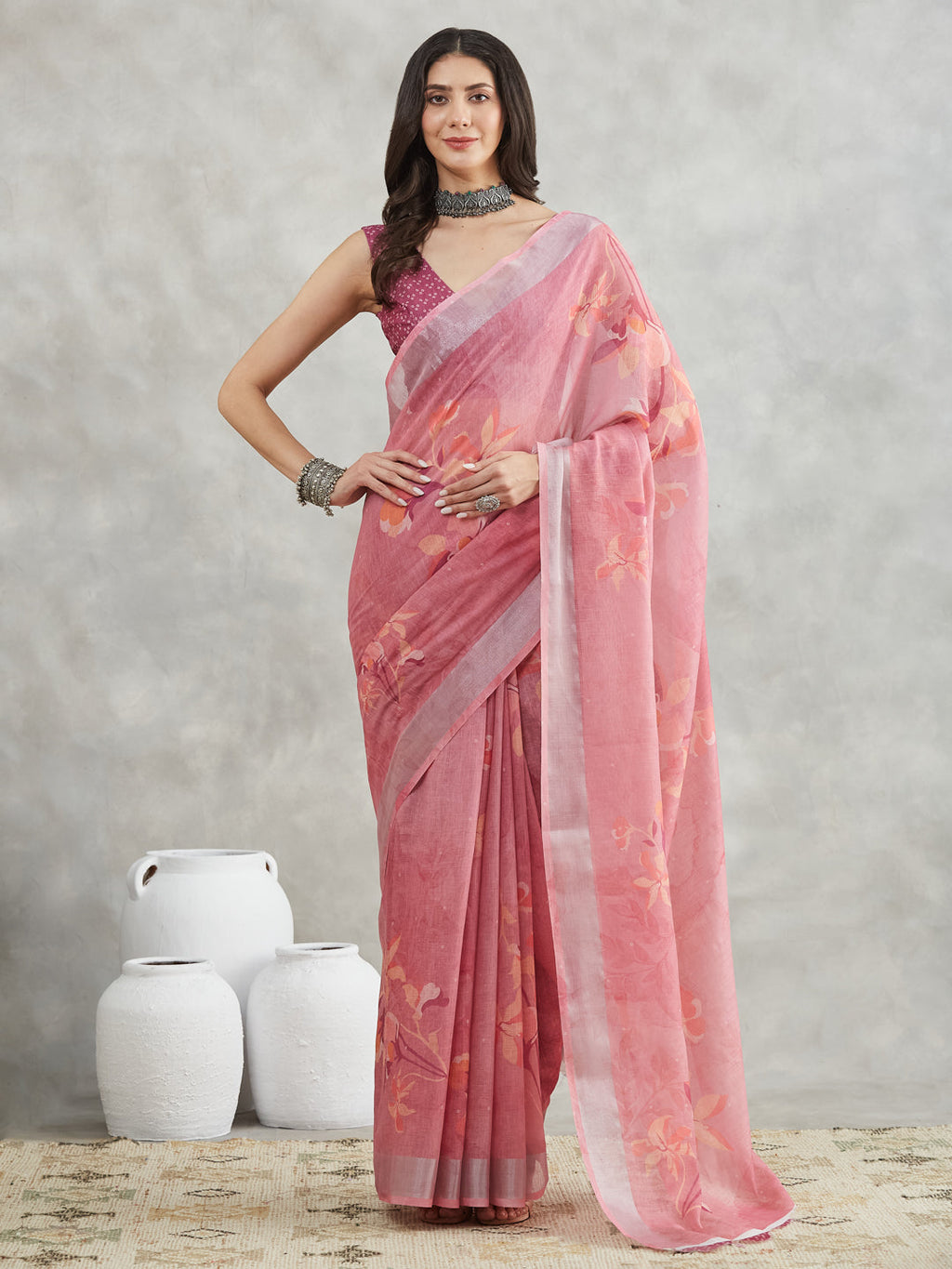 Janasya Mauve Linen Blend Floral Printed Saree - Distacart